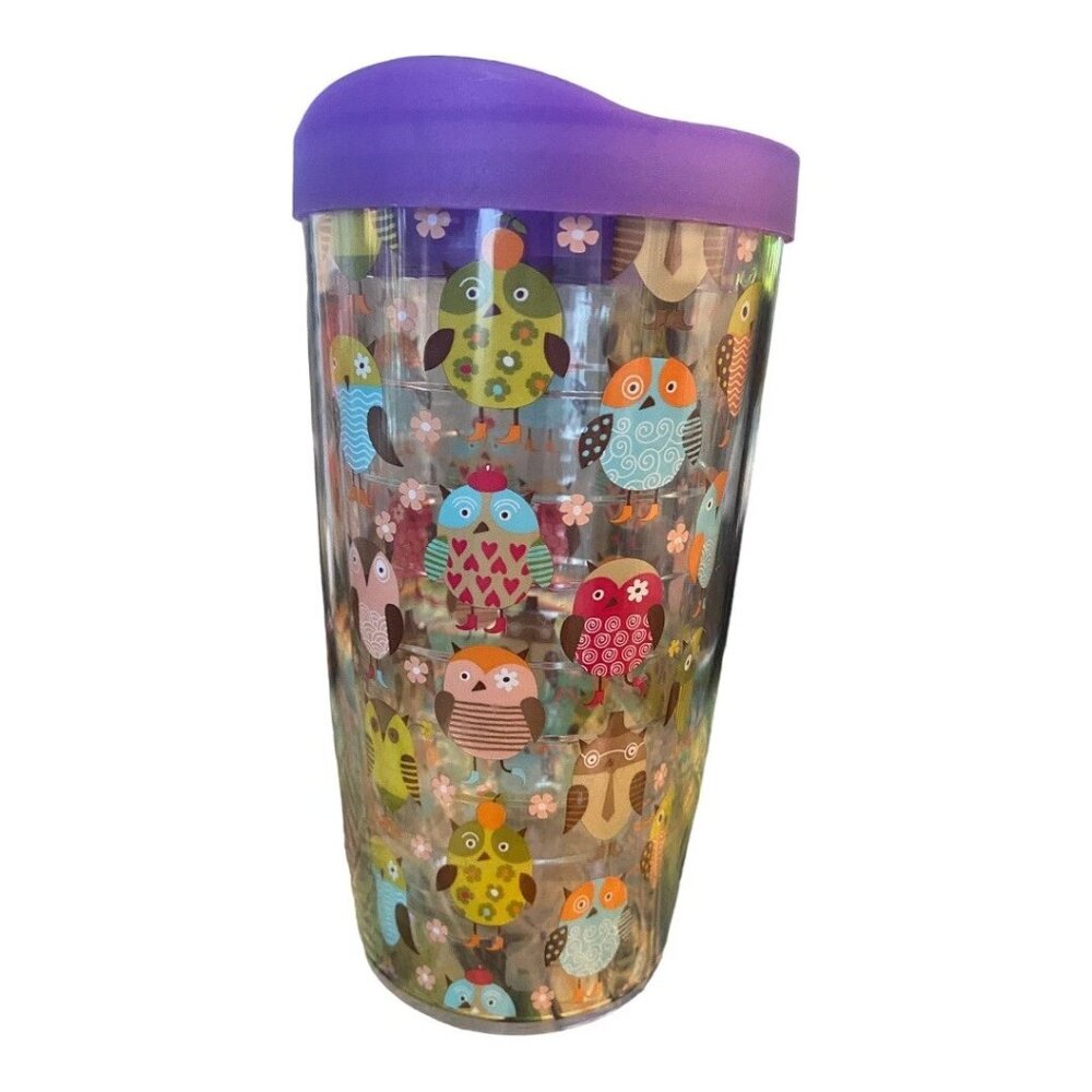 Owls Colorful Tervis Tumbler Travel Hot or Cold Cup w/ Purple Lid 16 oz.